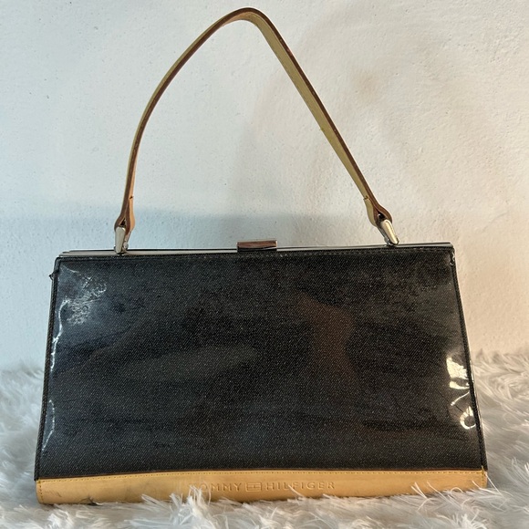 Tommy Hilfiger Black Patent Satchel with Tan Handle and Trim - Picture 2 of 4